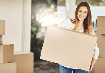 Portrait, smile and woman with moving box to new home, real estate and homeowner for investment of...
