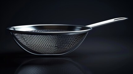 A stainless steel strainer with a long handle, isolated on a black background.