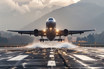 An airplane taking off from a runway with its powerful engines roaring