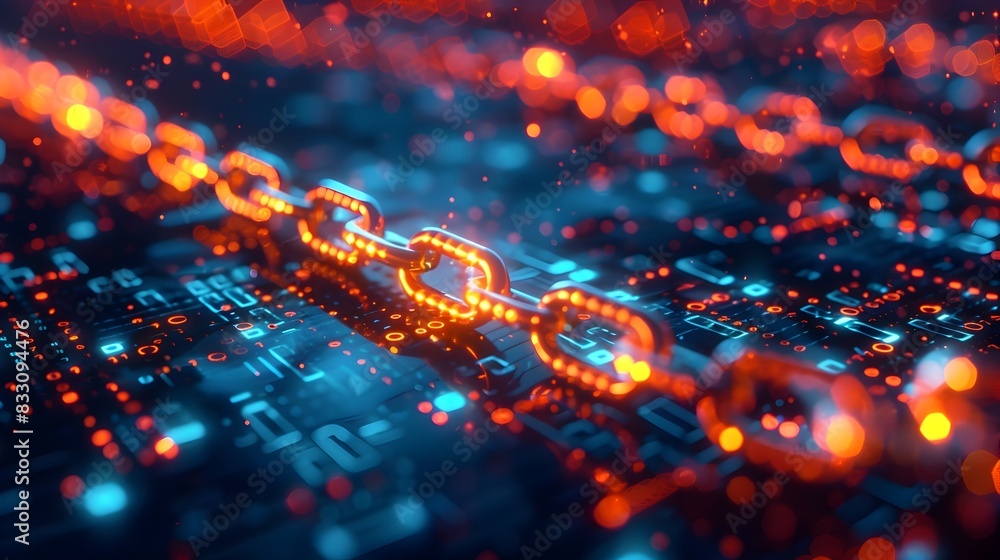 Poster futuristic digital blockchain technology with interconnected blocks and data showcasing secure and i