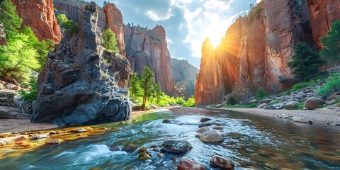 Dramatic Rocky Mountain Cliffs with Serene River Flowing Below Vibrant Landscape of Natural Splendor - Powered by Adobe