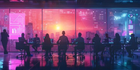 Fototapeta premium Futuristic High Tech Startup Office with Employees Brainstorming and Using Innovative Devices