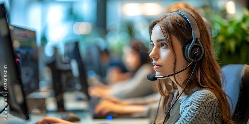 Poster busy call center agent assisting customers with headset and computer in professional office setting