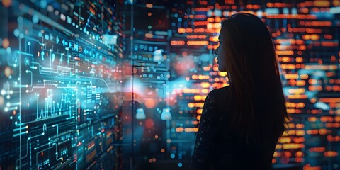 Fototapeta premium Businesswoman Analyzing Futuristic Holographic Data Display for Strategic Decision Making in Corporate Finance and Technology Innovation
