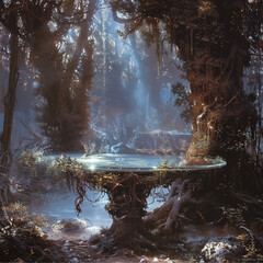 a mythical glass table in the woods surronded by magic and fairies