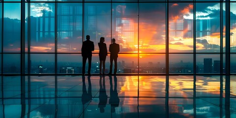 Executive Team Discussing Corporate Strategy in Sleek High Rise Office Setting During Vibrant Sunset