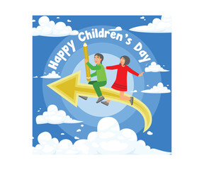 Happy International Children Day. Children with happy faces are full of imagination. Children Day concept. Flat vector illustration.