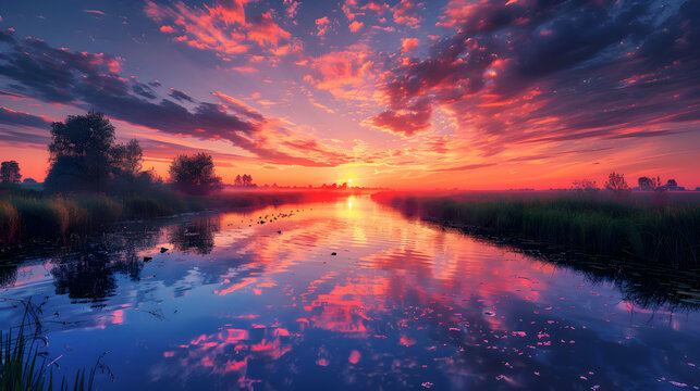 An ultra HD view of a nature fen at sunrise, the sky glowing with vibrant colors and the water reflecting the light