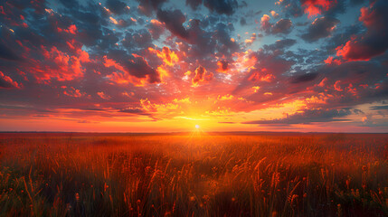 An ultra HD view of a nature prairie at sunrise, the sky glowing with vibrant colors and the grasses bathed in golden light