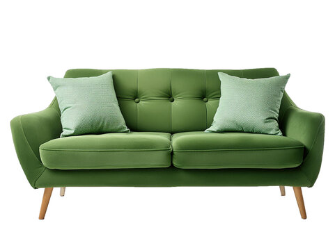 A green sofa featuring two pillows placed, isolated on transparent or white background