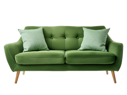A green sofa featuring two pillows placed, isolated on transparent or white background
