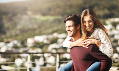 Happy woman, man and piggyback on rooftop for love, support and security in relationship. Sunshine, portrait and couple outdoors for fun, trust and excited or bonding on terrace or deck in summer