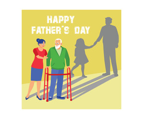  A young woman helps an elderly father learn to walk. Dad practiced walking during the recovery period. Father's Day concept. Flat vector illustration.