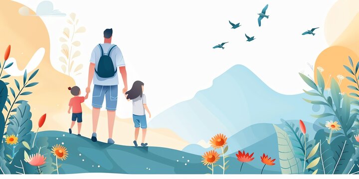 Father's Day. Dad and children on top of the mountain.