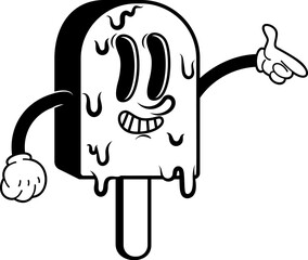 Cartoon character. Retro character of ice cream. Rubber hose ice cream cartoon mascot. Design element for emblem, sign, poster, menu, card. Vector illustration