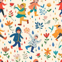 Fototapeta premium seamless pattern of children wearing raincoats and colorful boots
