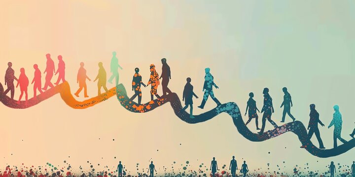 The image is an abstract representation of a double helix, with people walking along it