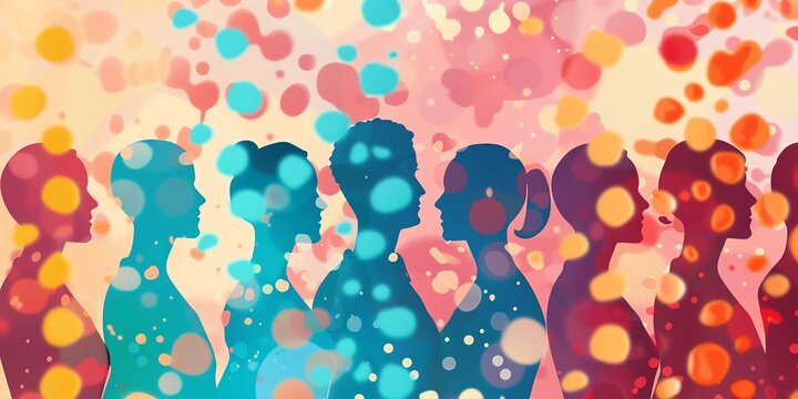 The image is a drawing of a group of people of different colors and shapes