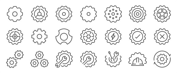 Gear icon set. It includes config, setting, mechanic, technician, process, and more icons. Editable Vector Stroke.