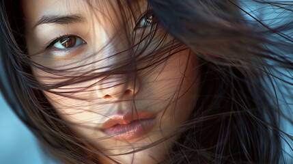  A close-up portrait of an Asian brunette with long straight hair, her delicate face and deep gaze emphasize her natural charm.