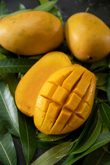 Isolated mango. Fresh organic mango with isolated clipping path. Mango macro studio photo.  Mango slice. 