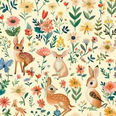 seamless pattern of playful woodland creatures