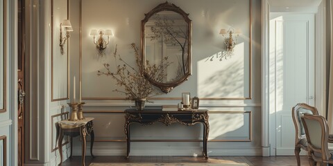Elegant entryway design in an apartment with a console table, mirror, and decorative accents