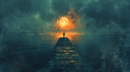 Fototapeta premium A lone figure stands at the edge of a pier, gazing out at the sunset over the tranquil waters.