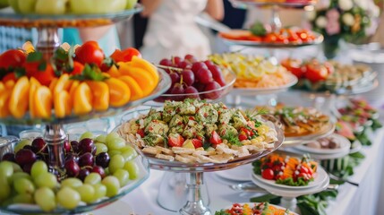 Obraz premium Catering wedding buffet for events. Wedding Reception Buffet Food, Generative Ai