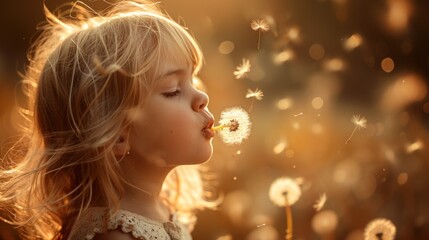 Fototapeta premium A young girl blows dandelion seeds into the wind, her eyes full of wonder and innocence.