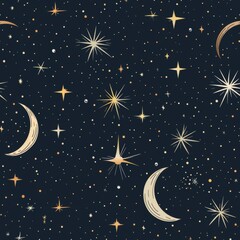 Naklejka premium seamless pattern of starry night sky with twinkling stars and a crescent moon