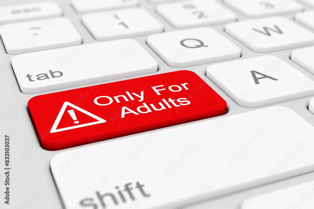 Aufkleber 3d render of a white keyboard with red only for adults button.