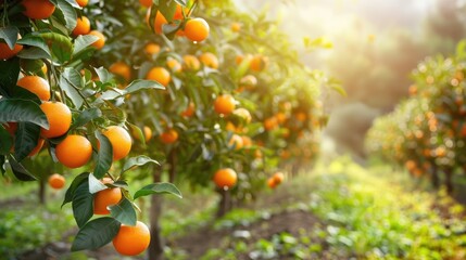 Sunny garden with green and orange hues featuring rows of orange trees bearing fruits on branches set in a summer day landscape
