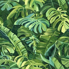 seamless pattern of tropical leaves in lush shades of green