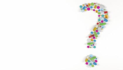 3d render of many colorful medicines and pills in the shape of a question mark on a white background - health care concept.