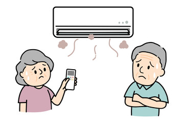 汚れたエアコンと困っているシニア夫婦