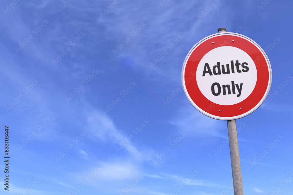 Poster 3d rendering of a traffic sign - adults only warning symbol - in the background a blue sky with clou