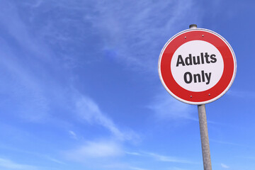 3d rendering of a traffic sign - adults only warning symbol - In the background a blue sky with clouds - censored - adult content.
