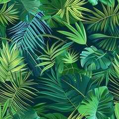 seamless pattern of tropical leaves in lush shades of green