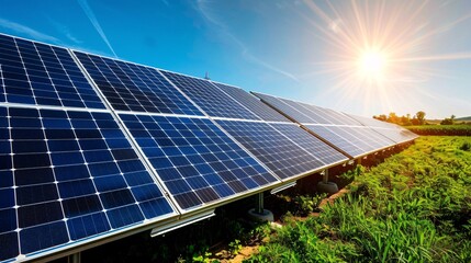 A close-up of solar panels gleaming in the sunlight, with a backdrop of a lush green landscape and a bright blue sky, emphasizing the efficiency and cleanliness of solar energy.