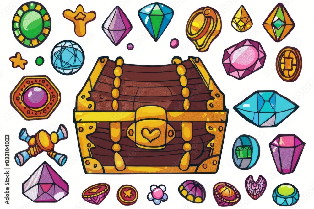 Poster cartoon cute doodles of a clay treasure chest with shiny gems and gold coins, generative ai