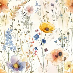 seamless pattern of watercolor wildflowers in a variety of colors