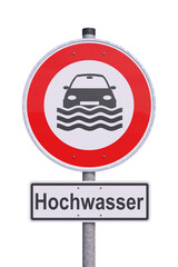 Verkehrsschild - Achtung - Hochwasser - Freisteller - Freigestellt