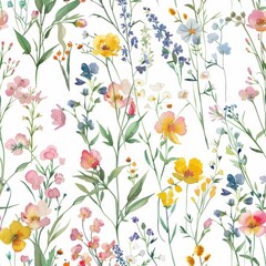 seamless pattern of watercolor wildflowers in a variety of colors