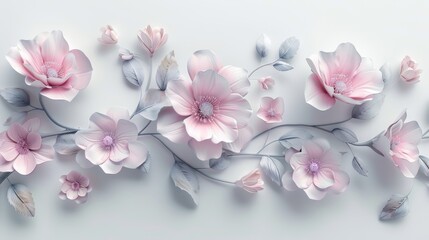 Delicate pink and white paper flowers arranged in a row on a white background.