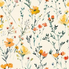 seamless pattern of watercolor wildflowers in a variety of colors