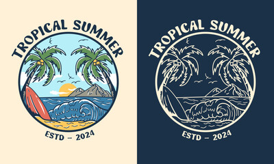 Beach logo with coconut trees and ocean. Perfect for summer, vacations, adventures and more