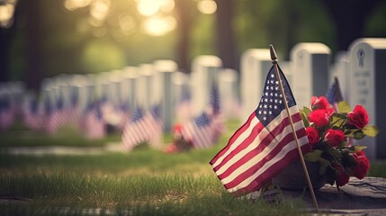 Honoring Sacrifice: Memorial Day Tribute at Arlington Cemetery with Flowers, Flags, and Wreaths, Copy Space for Respect Message