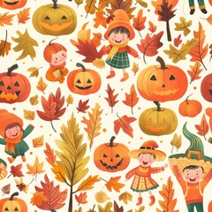 seamless pattern of vibrant pumpkin patch with happy children playing