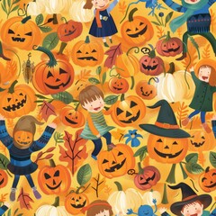 seamless pattern of vibrant pumpkin patch with happy children playing